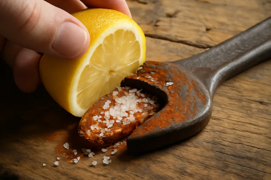 Lemon juice and coarse salt being applied to a rusty tool for natural rust removal
