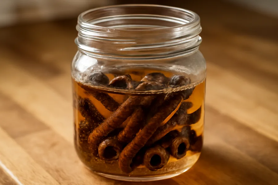 Rusty bolts and hardware soaking in white vinegar to dissolve iron oxide