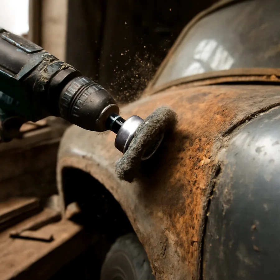 Wire brush on a drill clearing loose rust from a rusted car fender