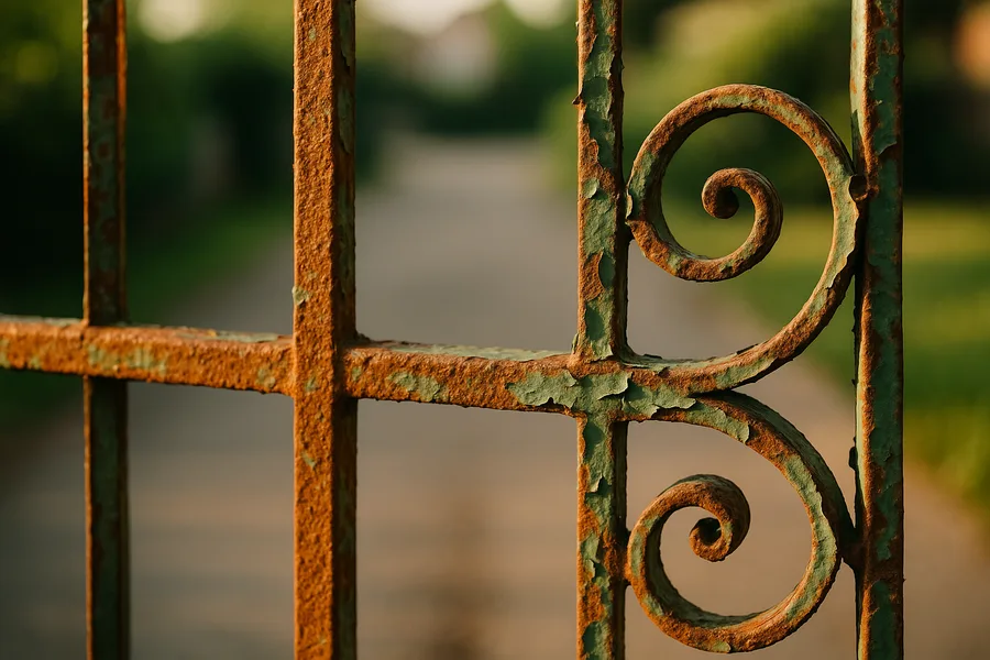 Orange surface rust and flaking old paint on a wrought iron driveway gate panel