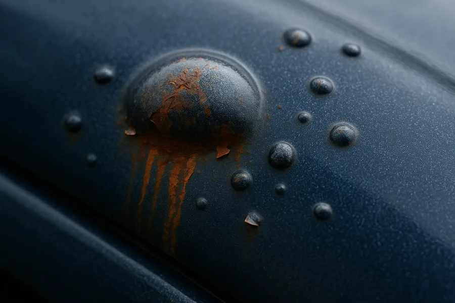 Paint blistering over rust on a car fender showing why painting rusted metal fails