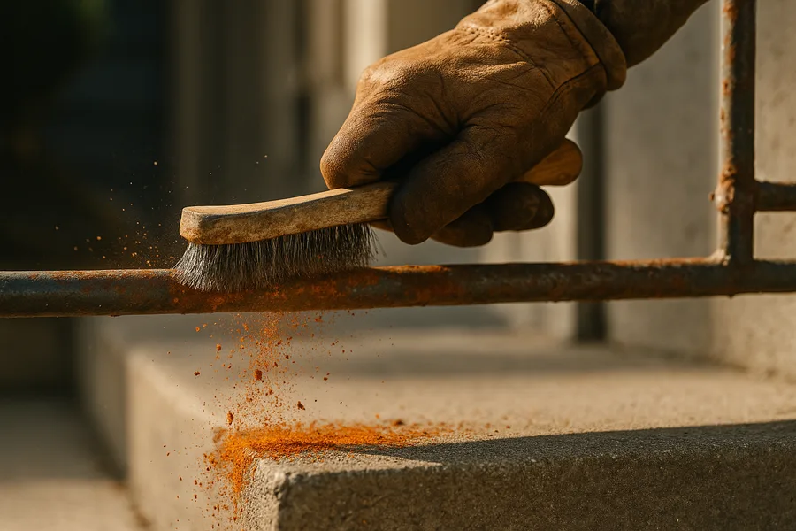 Wire brush knocking loose rust flakes off a steel porch handrail before painting