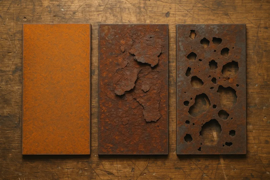 Three steel plates showing surface rust, flaking scale rust and rust holes eaten through
