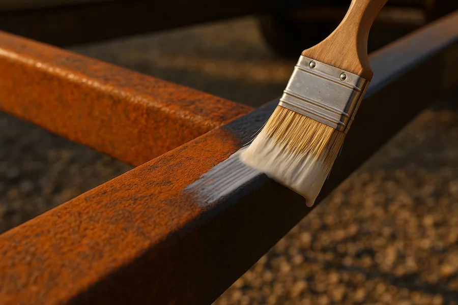 Rust converter primer brushed onto a trailer frame rail curing to a dark protective layer