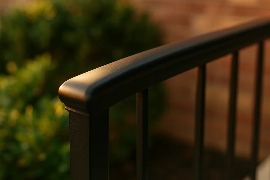 Satin black topcoat on a restored steel porch railing after correct rusted metal prep