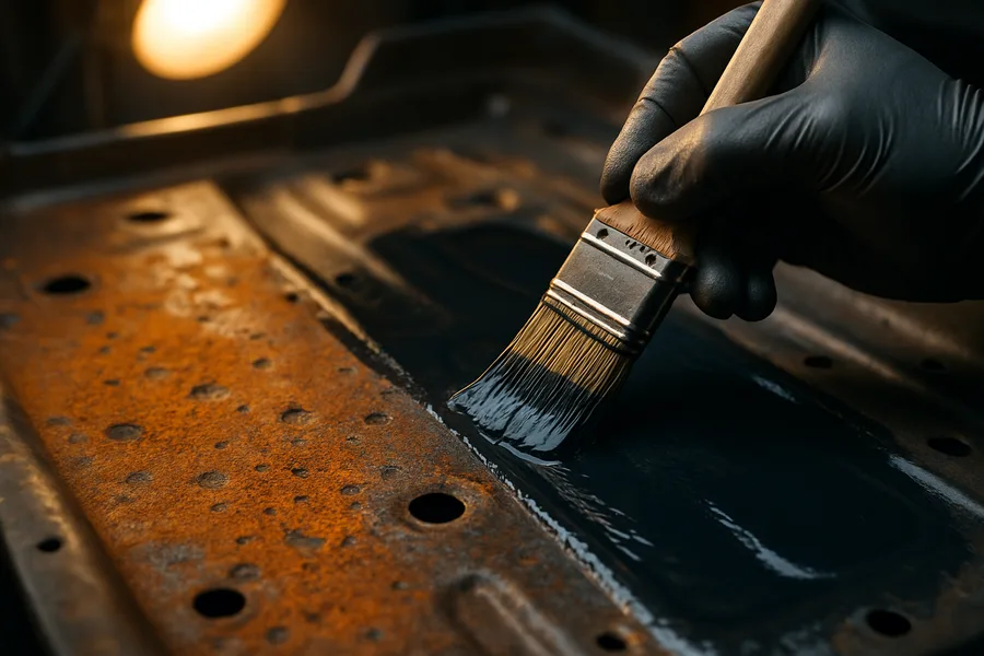Brushing rust converter onto a pitted car floor pan turning orange steel black