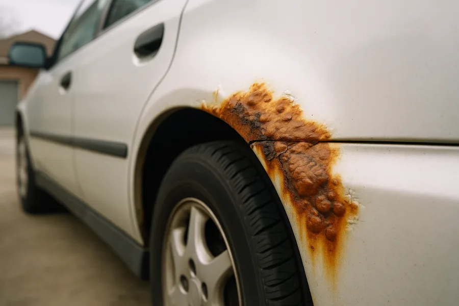 Orange rust blistering through white paint on a sedan rear wheel arch