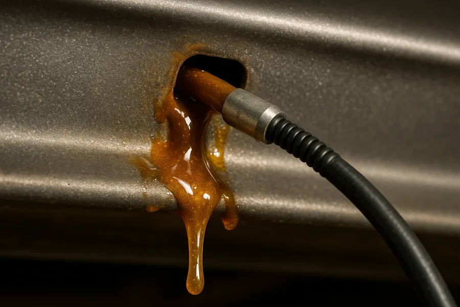 Flexible wand applying cavity wax through a rocker panel drain hole for underbody rust protection