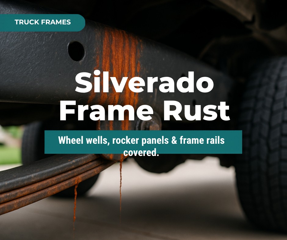 Chevy Silverado frame rust repair guide featured image with rusted frame rail background