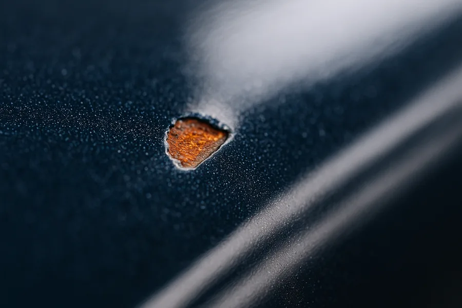 Stone chip in blue car paint exposing bare steel with early surface rust forming
