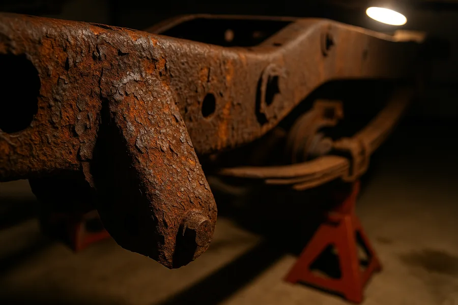 Flaking scale rust covering steel truck frame rail near rear crossmember
