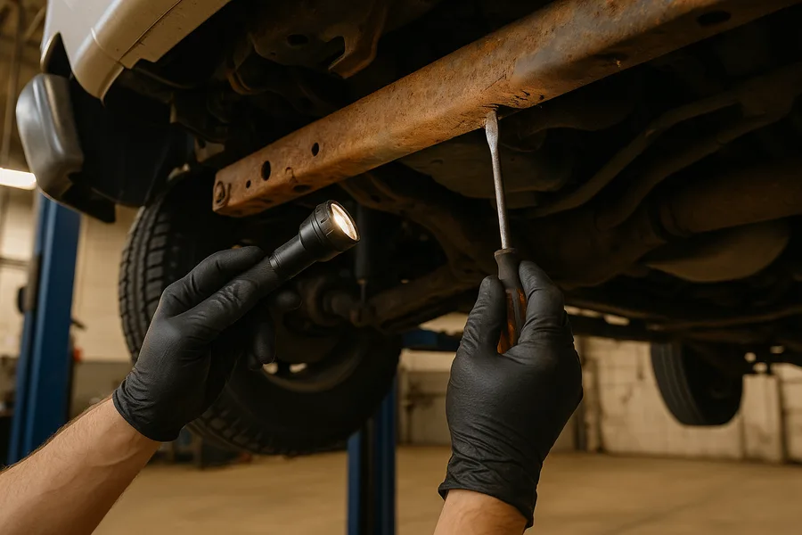 Mechanic using flashlight and screwdriver to inspect truck frame rust underneath vehicle