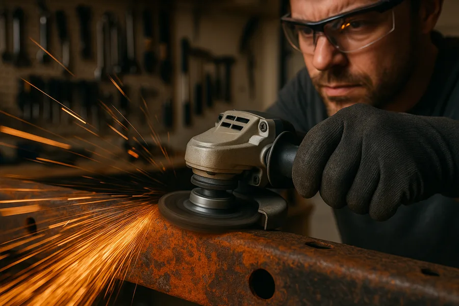 Angle grinder wire wheel stripping rust from steel frame with visible sparks