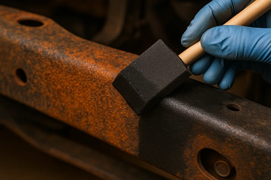 Foam brush applying rust converter turning corroded frame rail dark black