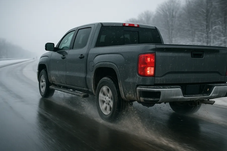 Pickup truck driving through slush and road salt spray on winter highway