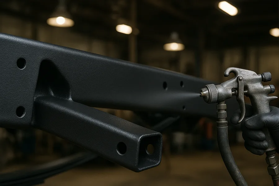 Rubberized black undercoating freshly sprayed across treated steel truck frame