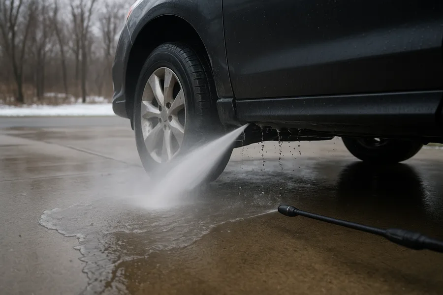 Pressure washer rinsing road salt from a car undercarriage on a wet winter driveway