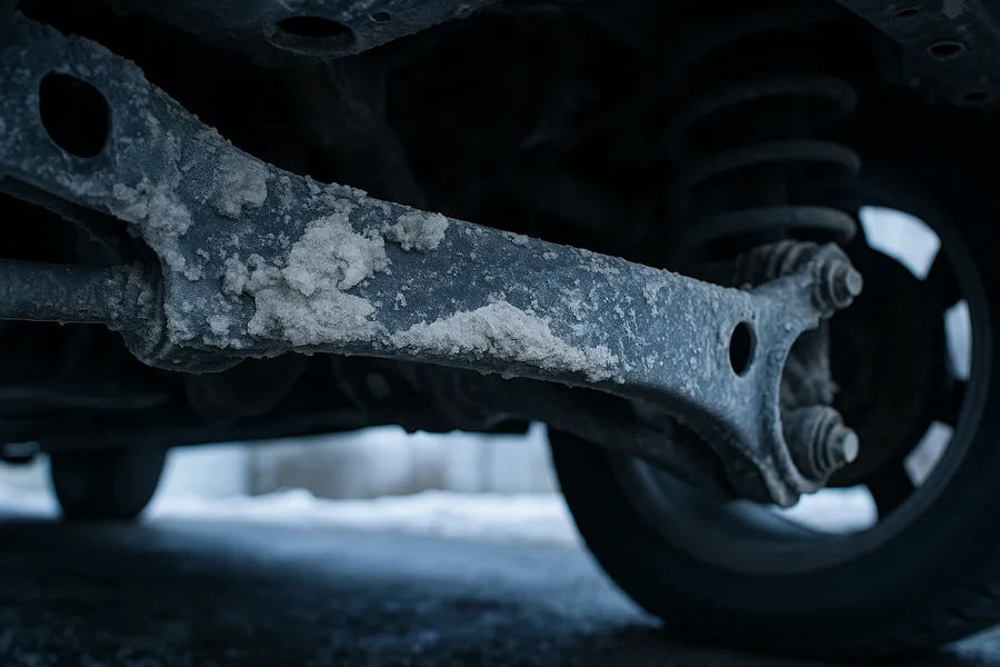 White road salt brine crusted across a car undercarriage crossmember after winter driving