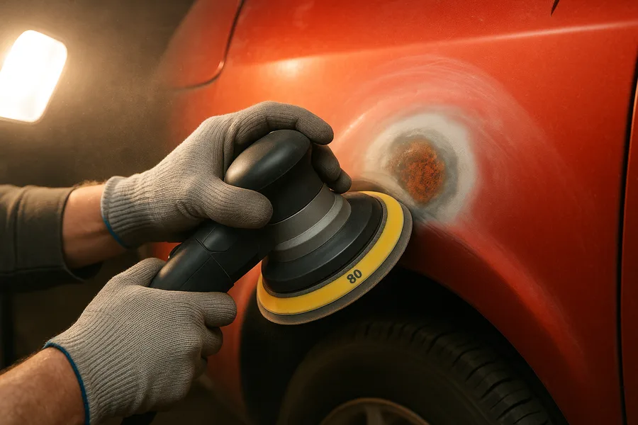 Orbital sander feathering paint back around a rust spot on a red car fender