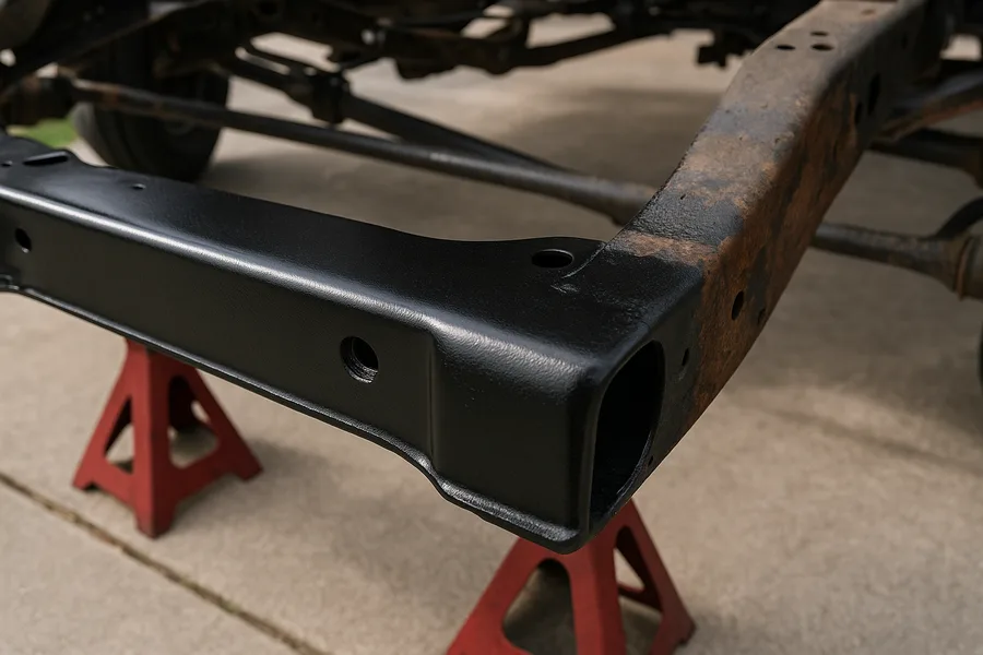 Fresh black rust converter coating cured on treated Silverado frame crossmember