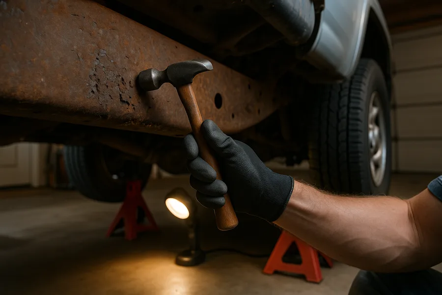 Mechanic tapping a rusted Silverado frame rail with a hammer during inspection