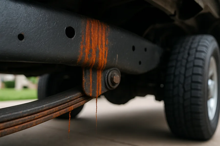 Rust streaks bleeding down a Chevy Silverado frame rail near the rear axle