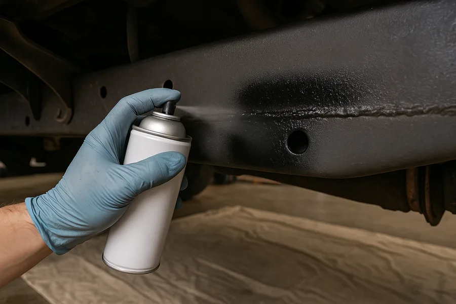 Rubberized undercoating being sprayed along truck frame weld seams and drain holes