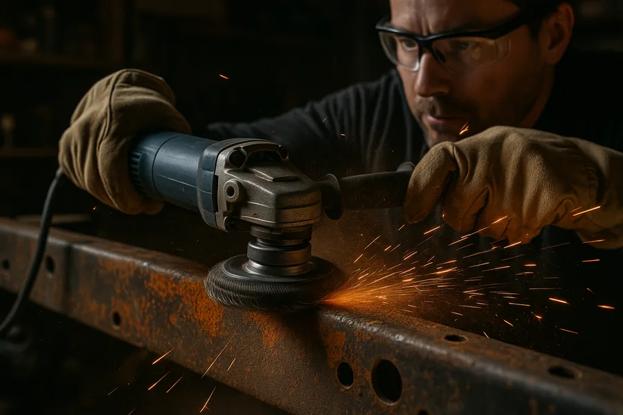 Wire wheel on angle grinder removing loose scale rust from truck frame rail