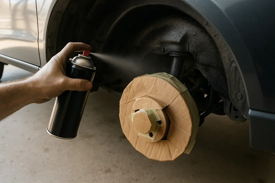 Aerosol spraying rubberized undercoating into a masked wheel well arch of a car