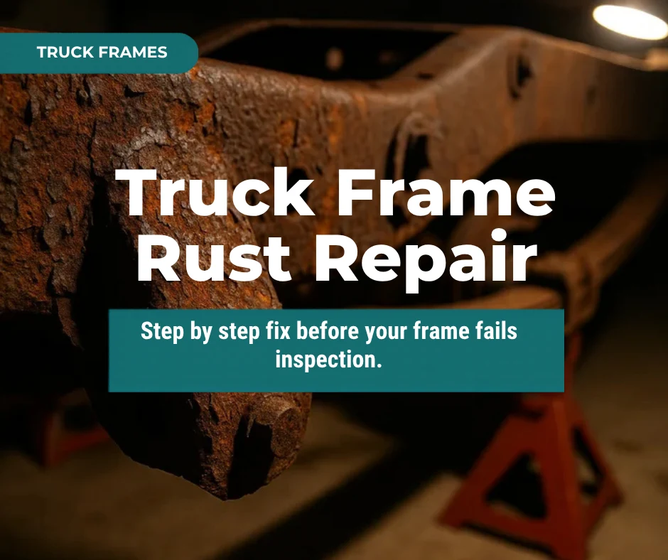 Truck Frame Rust Repair blog thumbnail showing rusted frame rail and title