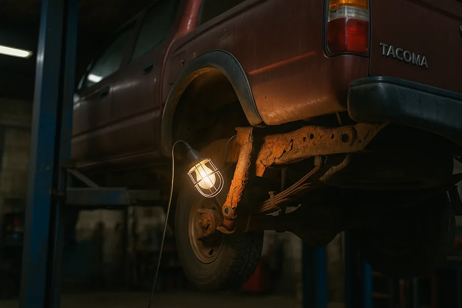 Rust flaking along the boxed frame rail of an older Toyota Tacoma pickup