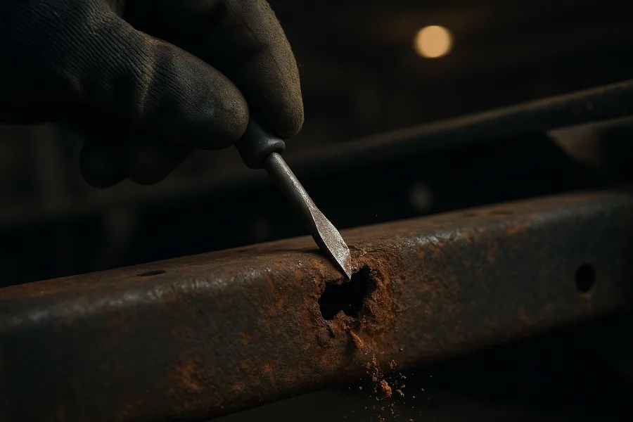 Mechanic pressing a screwdriver tip into a perforated section of rusted truck frame