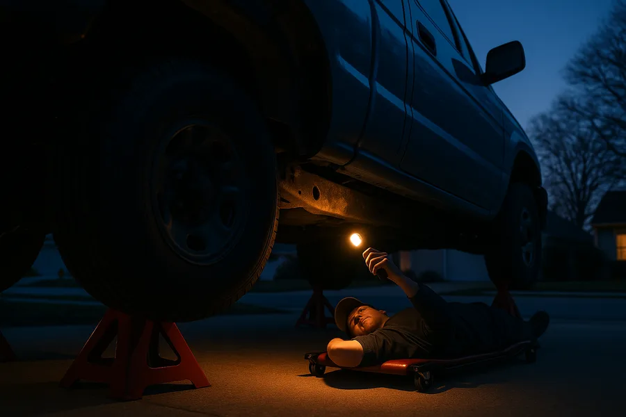 Technician inspecting a Tacoma frame rail with a flashlight from underneath the truck