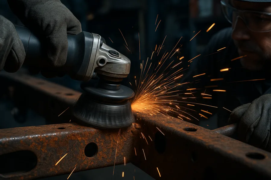 Wire wheel grinder stripping loose scale rust from a steel truck frame crossmember