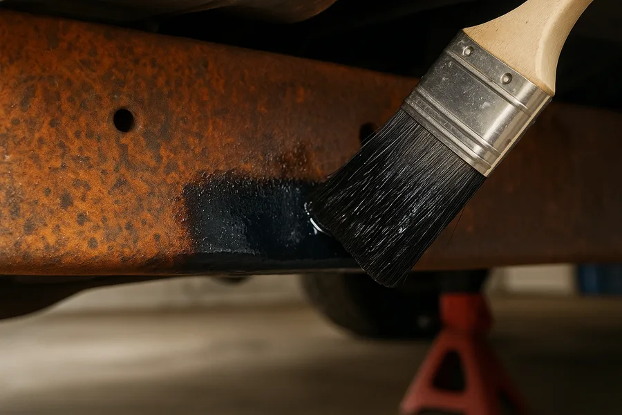Rust converter being brushed onto pitted steel on a truck frame rail