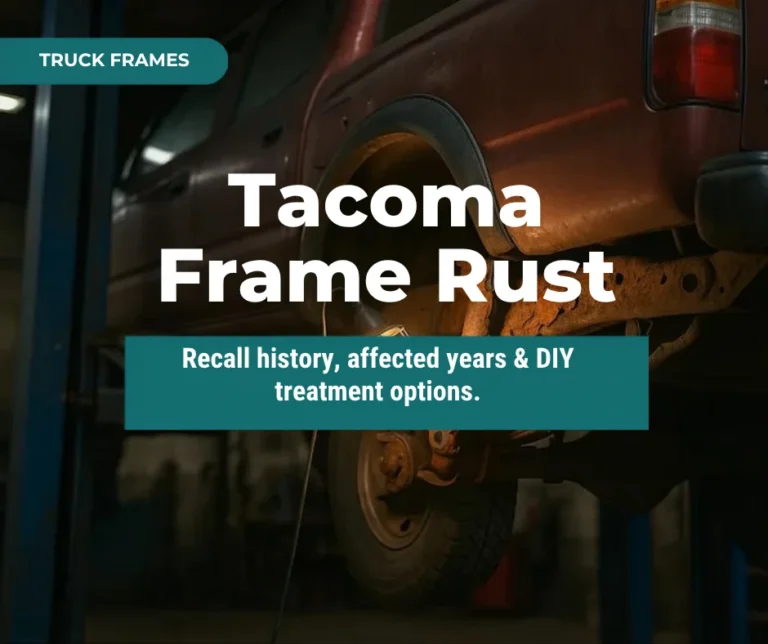 Toyota Tacoma pickup on a lift with a rusted rear frame rail and crossmember visible