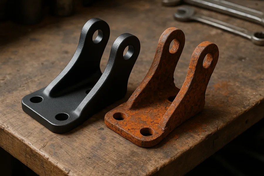Topcoated black chassis bracket beside untreated rusty metal showing rust converter results