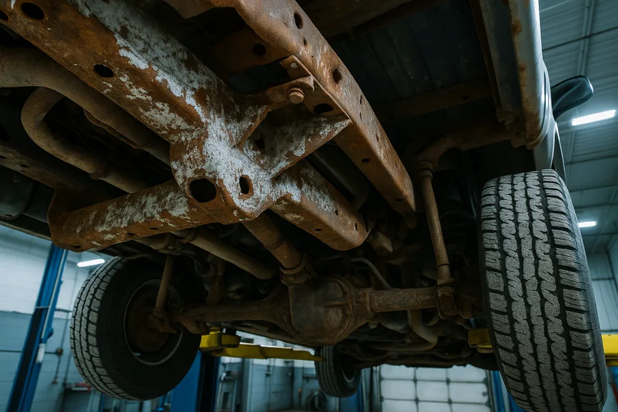 Corroded steel truck frame rail and crossmember caked with dried road salt residue