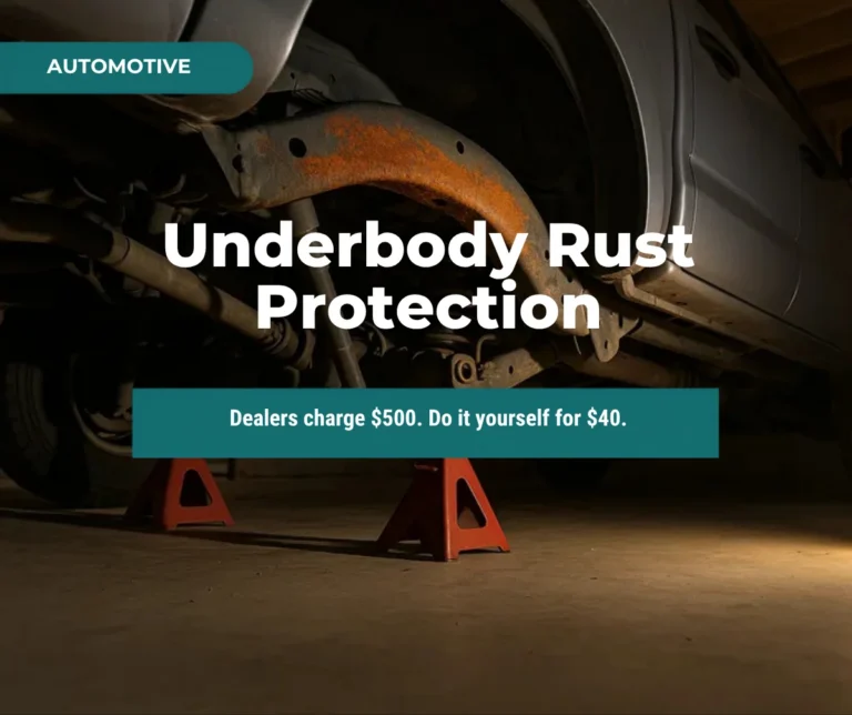 Underbody rust protection guide thumbnail showing rusted truck frame rail on jack stands