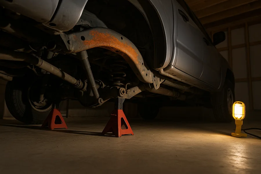 Orange underbody rust spreading along a pickup truck rear frame rail above the axle