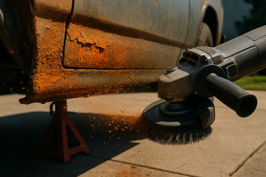 Wire cup brush stripping heavy scale rust from the steel rocker panel of a pickup