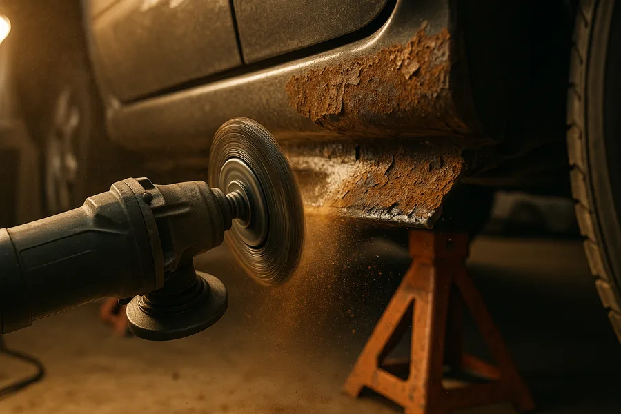 Wire wheel stripping scale rust from a steel car rocker panel in garage