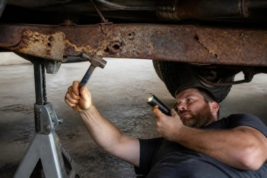 Mechanic tapping Sierra frame rail with hammer to test for rust damage