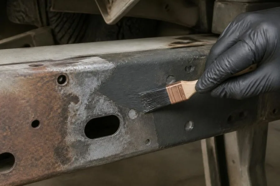 Gloved hand brushing rust converter onto cleaned truck frame rail