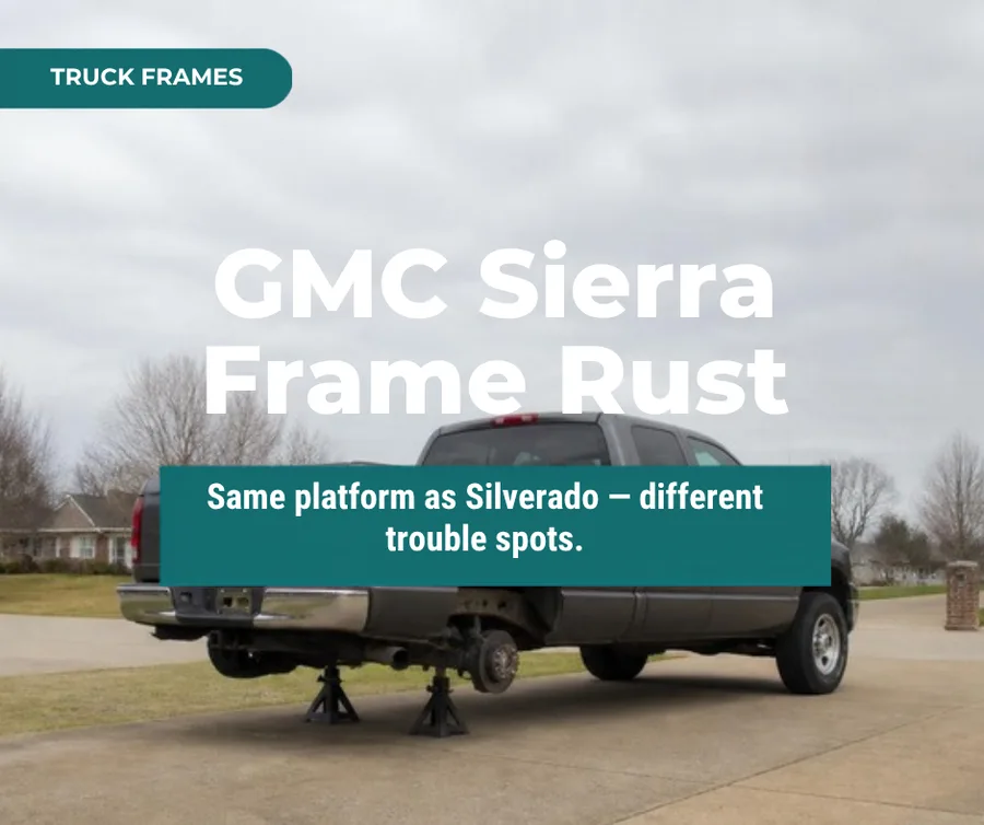 GMC Sierra frame rust thumbnail with pickup truck raised on jack stands
