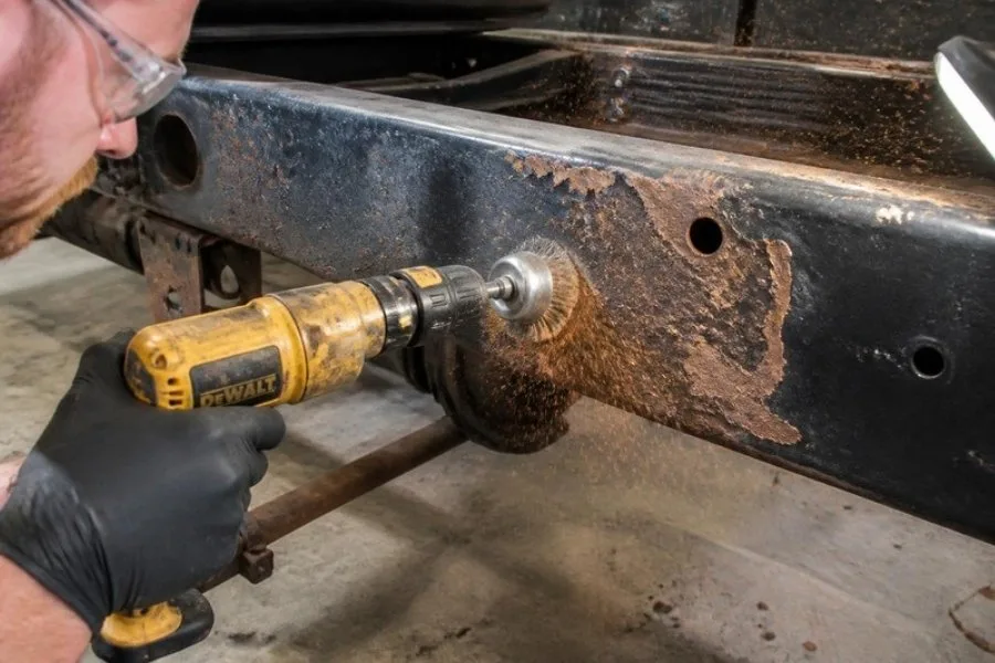 Rotary wire brush removing scale rust from truck frame rail in garage