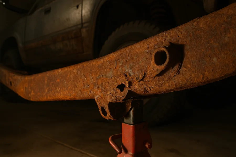 Flaking scale rust on a Wrangler frame rail near the rear control arm bracket