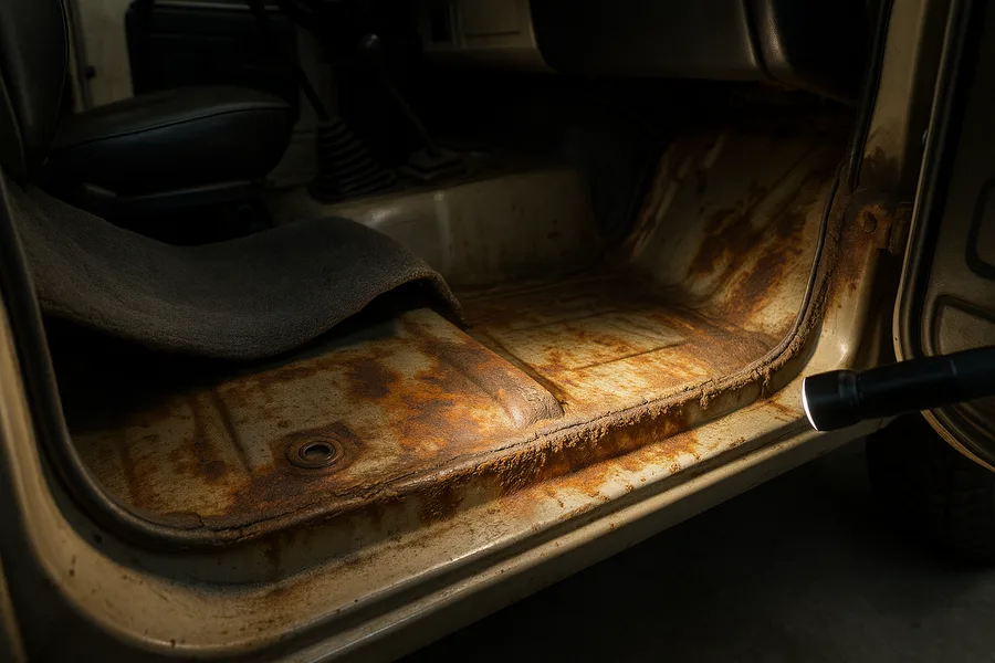 Carpet pulled back showing rust blooms along the Jeep body tub floor seam