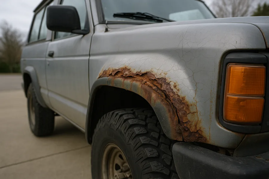 Bubbling paint and orange rust along a Jeep Wrangler fender lower edge and flare