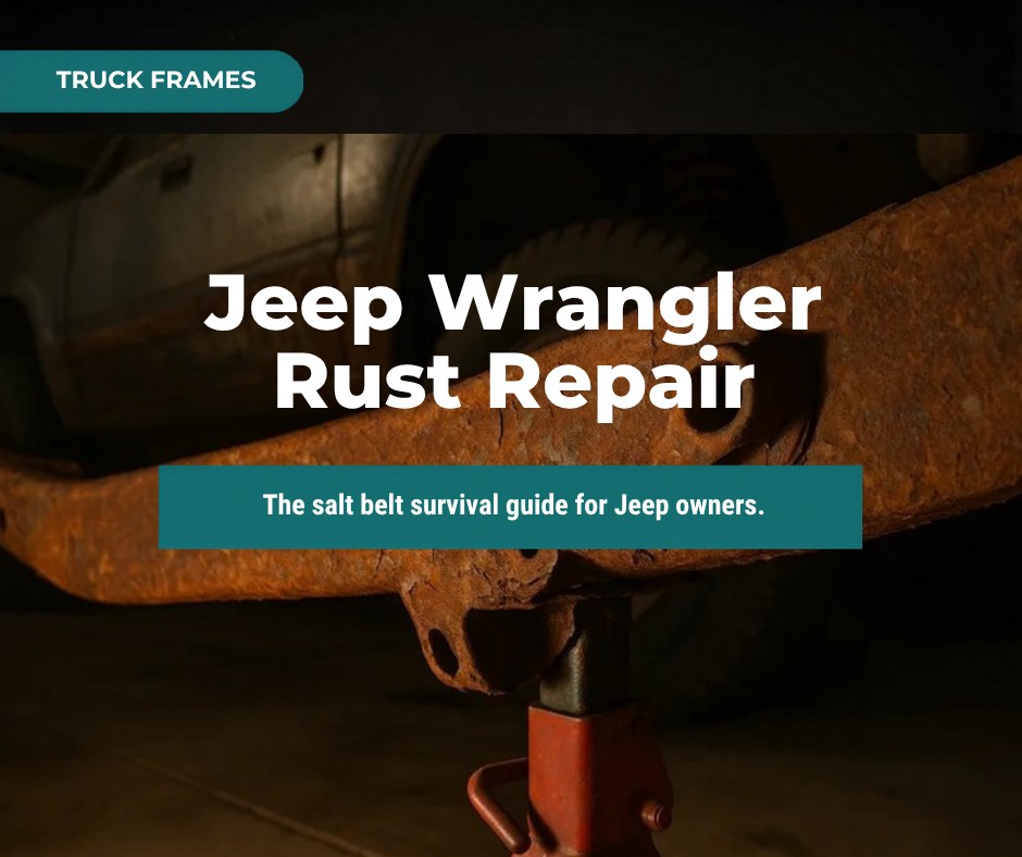 Jeep Wrangler rust repair guide thumbnail showing rusted frame rail on jack stand